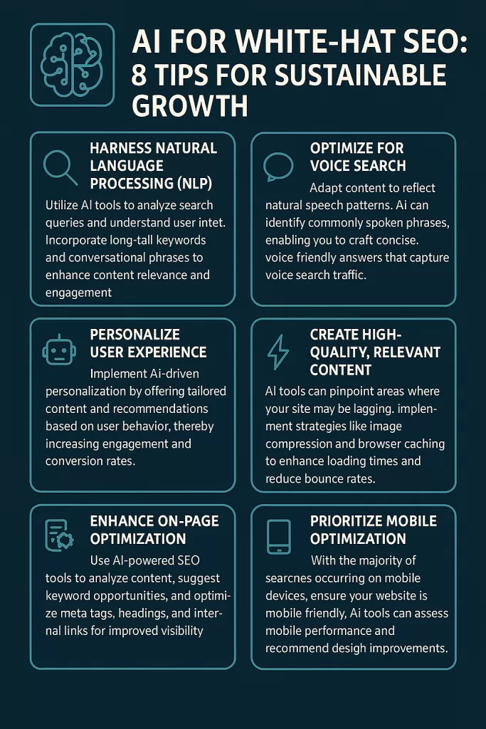 An infographic showcasing eight AI-driven strategies for ethical (white-hat) SEO, including NLP, voice search optimization, personalized UX, mobile readiness, and more, designed for sustainable digital growth.